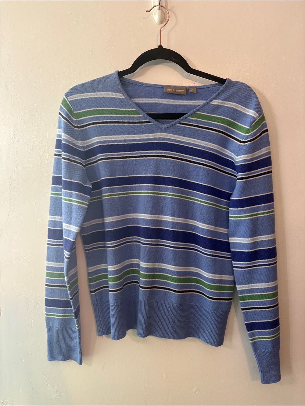 croft & barrow Light Blue Striped V-Neck Sweater with Navy and Green Accents